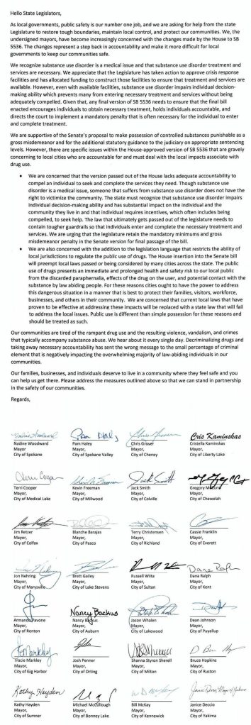 Letter sent to legislators from 28 mayors across the state.
