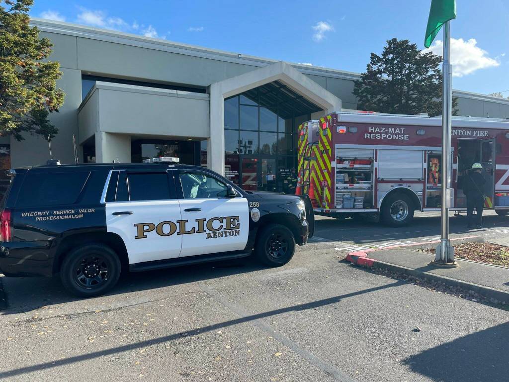 Renton police and fire and hazmat crews arrived at the scene of the King County Elections building at 919 Southwest Grady after receiving reports of an unknown substance delivered to the building. According to Sara Morris of the Renton Regional Fire Authority, an employee discovered white powder in a parcel. (Courtesy of the Renton Regional Fire Authority.)