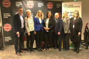 Speakers at the Valley Comm/Crisis Connections press conference on April 16. Photo by Bailey Jo Josie/Sound Publishing.