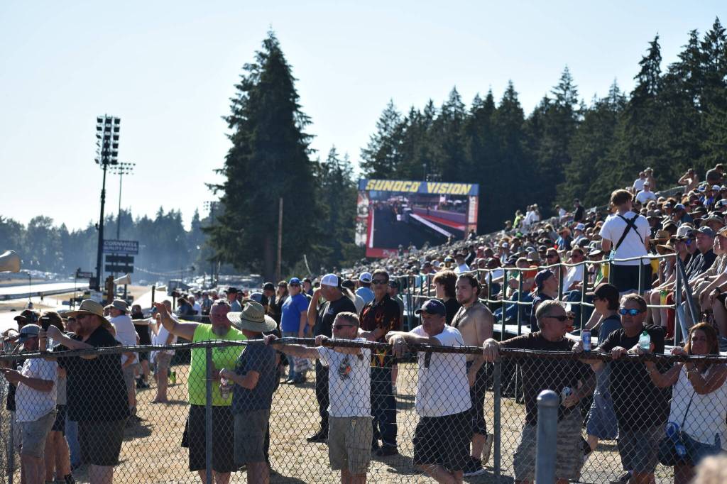 Fans packed the stands on Friday evening, July 19, in anticipation of the night races at Pacific Raceways. Ben Ray / The Reporter