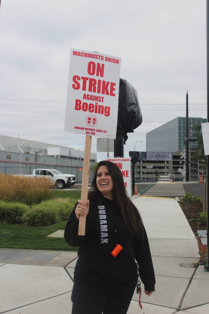 Krystal Keefe strikes outside the Renton Boeing plant. Keefe has worked for Boeing for over six years. Photo by Bailey Jo Josie/Sound Publishing.
