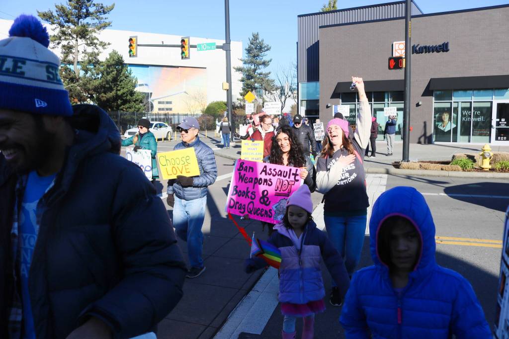Signs referencing LGBTQ+ rights and womens rights were among the crowd at the Jan. 18 demonstration. Photo by Bailey Jo Josie/Sound Publishing.