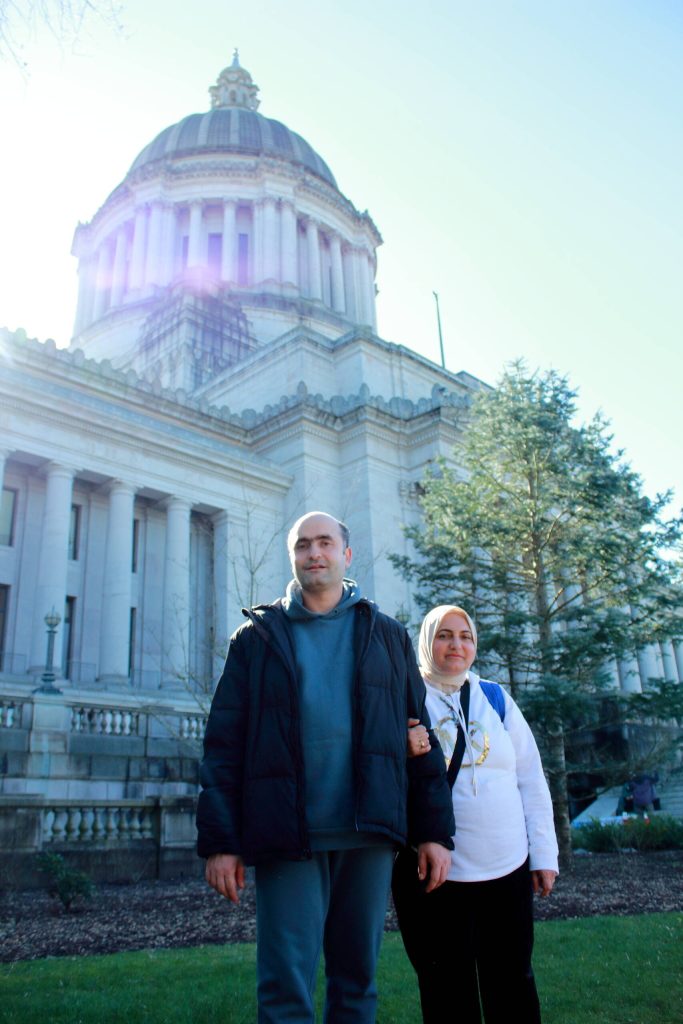 Faisal Aloosi and his mother Nidal Alnili moved to Federal Way five years ago and came to the Capitol to advocate for housing and for programs for adults with disabilities. Photo by Keelin Everly-Lang / the Mirror
