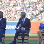 Ichiro and Ken Griffey Jr. share a laugh during Ichiros number retirement ceremony. Ben Ray / Sound Publishing