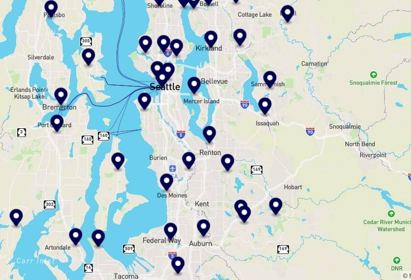 Map of No Kings protests Oct. 18 in King County. (Screenshot)