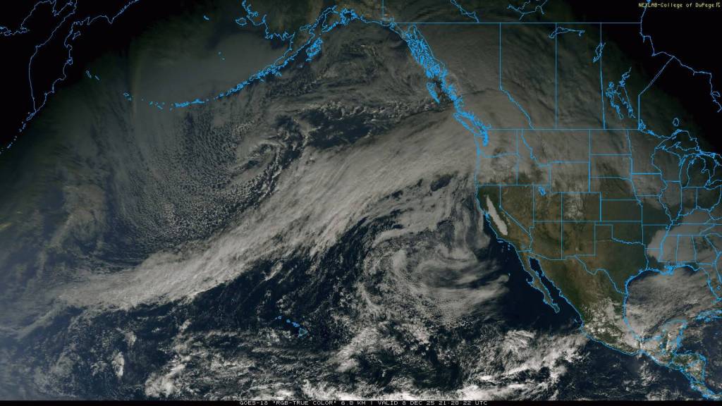 On Dec. 8, 2025, the atmospheric river stretched thousands of miles from Guam to Washington before bringing moist subtropical air to the region for nearly a week. Photo from the National Oceanic and Atmospheric Administrations GOES-18 Satellite