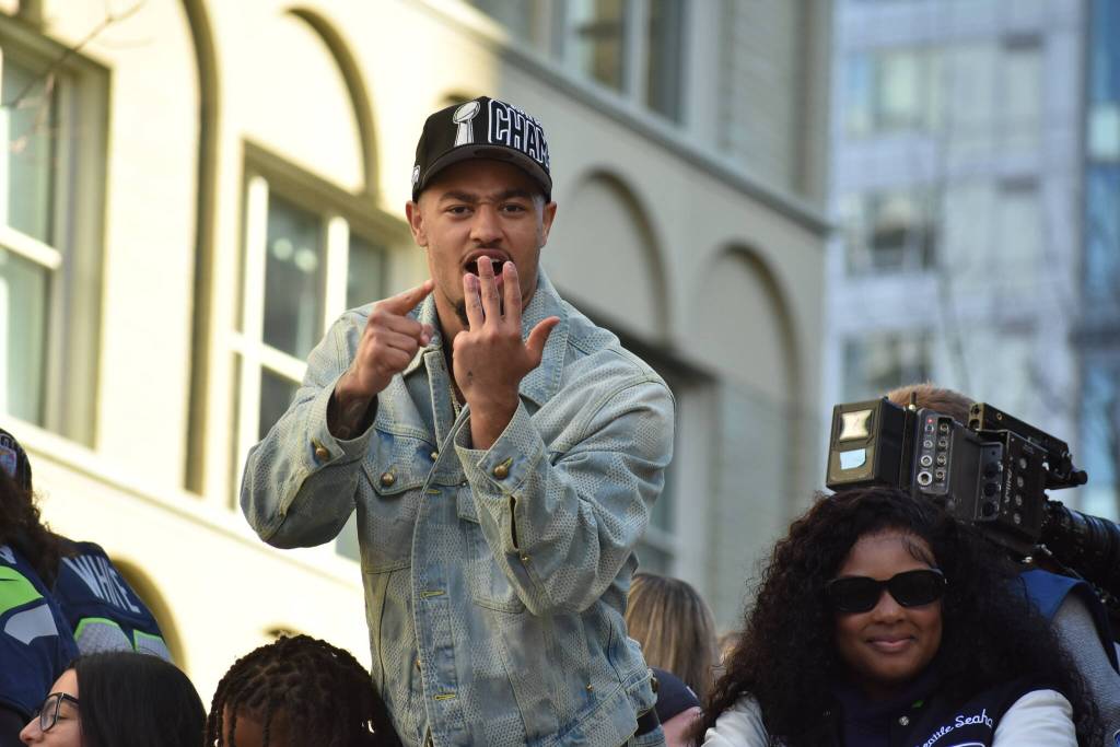 Jaxon Smith-Njigba points to his ring finger as he awaits his Super Bowl ring. Photos by Ben Ray / Sound Publishing