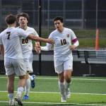 Bryan Rodriguez-Pena gets a high five after scoring White Rivers fifth goal of the game. Ben Ray / The Mirror