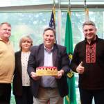 Ivan Kornychuk, Iryna Kornychuk, Mayor Jim Ferrell and Vitaliy Piekhotin at the Federal Way City Hall.